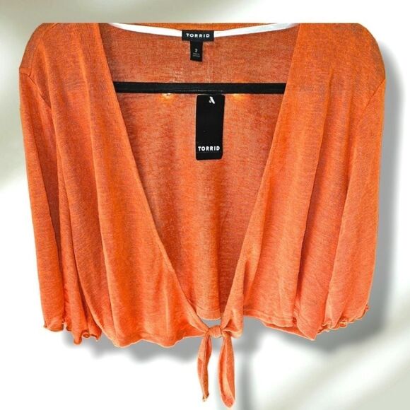 New TORRID Plus Size slub shrug 3/4 Sleeve apricot tie Front sweater Size 2X - Picture 2 of 16